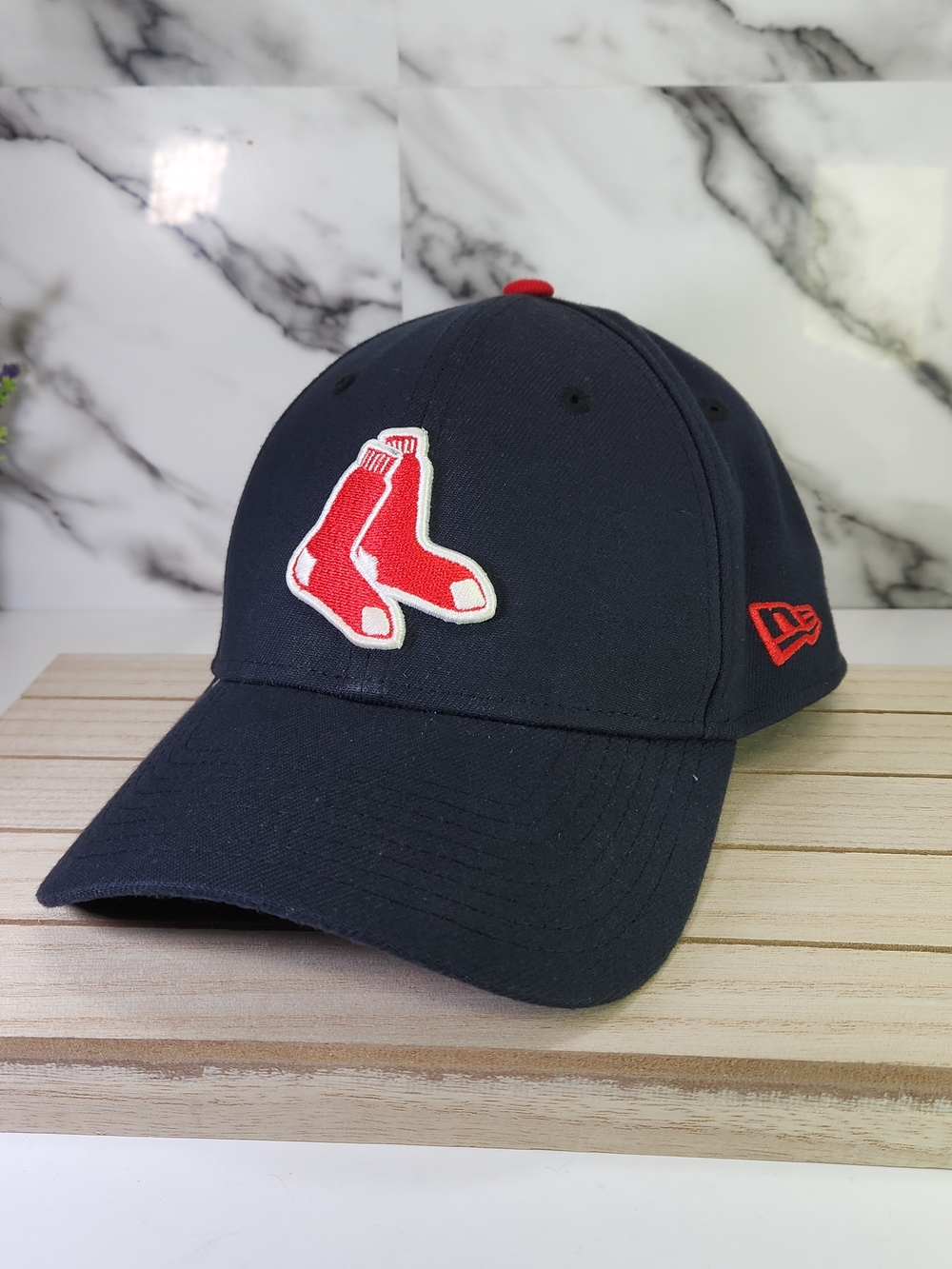 Boston Red Sox Hat. New Era Navy and Red Patch Hat. Fitted Cap